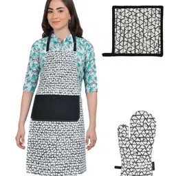 Ode & Cleo Black & White 3 Pieces Printed Cotton Apron With Glove & Pot Holder-image-79