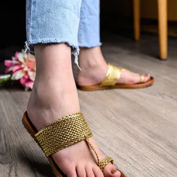 Shoetopia Women Gold-Toned Woven Design Synthetic One Toe Flats-image-31