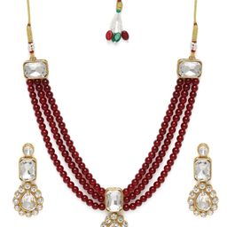 Peora Gold Plated Maroon Crystal & Beads Studded Long Necklace Set-image-51