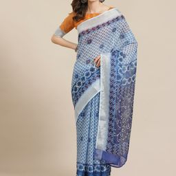 Saree mall Blue & Mustard Yellow Geometric Printed Pochampally Saree-image-44