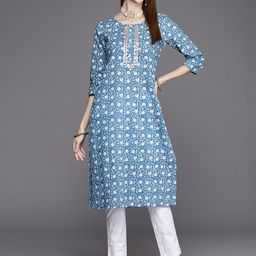 Varanga Women Blue & White Floral Printed Gotta Patti Floral Kurta-image-100