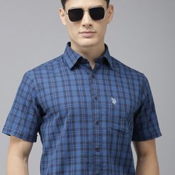 U S Polo Assn Men Navy Blue Tartan Checks Pure Cotton Casual Shirt-image-47