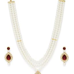 Peora Gold Plated Maroon Kundan Pearl Long Necklace & Earrings Jewellery Set-image-50