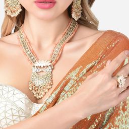 Zaveri Pearls Peach Meenakari Lotus Bridal Kundan Long Necklace Earring & Ring Set-19