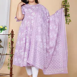 MIRAVAN Floral Printed Flared Sleeves Anarkali Cotton Kurta With Dupatta-picture-37