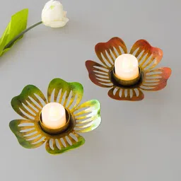 Golden Peacock Green & Red 2 Pcs Geometric Shaped Metal Candle Holders-21