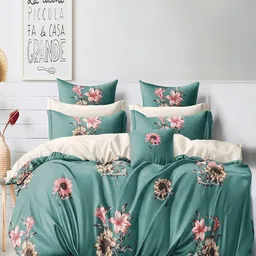 Cortina Teal White Floral 144 TC Queen Bedsheet With 2 Pillow Covers-image-37