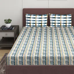 ROMEE Blue & White Geometric 210 TC King Bedsheet with 2 Pillow Covers-image-34