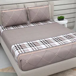 DREAM WEAVERZ Beige Checked 220 TC Glazed Cotton Double Bedsheet with 2 Pillow Covers-image-31