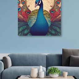 OLIVE TREE Blue & Cream-Coloured Peacock Framed Painting Wall Art-image-81