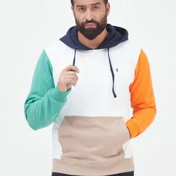 MR BUTTON Men White & Orange Colourblocked Hooded Cotton Pullover-picture-7