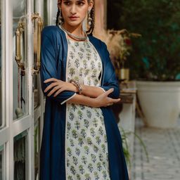 anayna Women White & Teal Blue Printed Layered Kurta with Salwar-picture-21