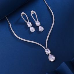 Yellow Chimes Rhodium Plated American Diamond Studded Jewellery Set-picture-2