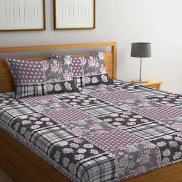 KLOTTHE Purple & Grey Floral 300 TC Super King Double Bedsheet With 2 Pillow Covers-image-37