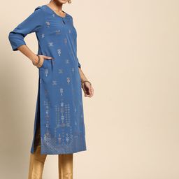 Sangria Women Navy Blue & Golden Ethnic Motifs Printed Keyhole Neck Kurta-image-84