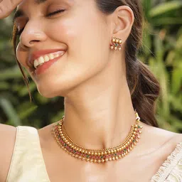 Rubans 22KT Gold Plated Brass Red & Green Stone Studded Necklace Set-2