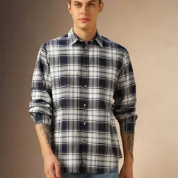 Dennis Lingo Men Comfort Spread Collar Tartan Checked Cotton Casual Shirt-image-73