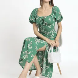 ANVI Be Yourself Floral Printed Puff Sleeves Smocked Fit & Flare Midi Dress-image-95