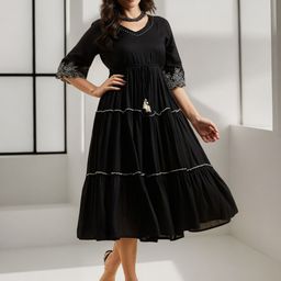 Azira Floral Embroidered  V Neck Bell Sleeves Empire Fit & Flare Tiered Dress-picture-10