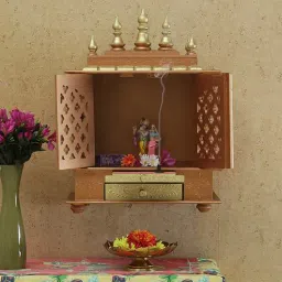 india home wood Copper And Gold Mango Wood Wall Mounted Mandir With Door-picture-34