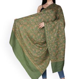 Exotic India Cactus Green Pure Wool Sozni Embroidered Floral Vines Kashmiri Tusha Shawl-8