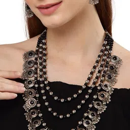 Shining Diva Oxidised Silver-Plated Black Stone Studded & Beaded Jewellery Set-40