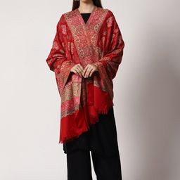 SWI Stylish Women Floral Woven Design Kani Wool Shawl With Fringed Border-49
