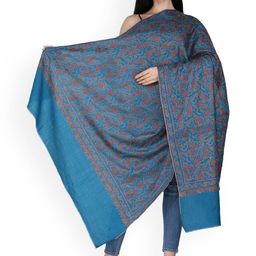 Exotic India Celestial Blue Pure Wool Sozni Embroidered Floral Vines Kashmiri Tusha Shawl-image-64
