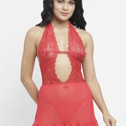 N-Gal Red Self Design Front Cut Out Sheer Lace Baby Doll-image-53