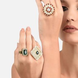 Zaveri Pearls Set of 3 Gold-Plated White& Green Stone Studded Adjustable Finger Rings-8