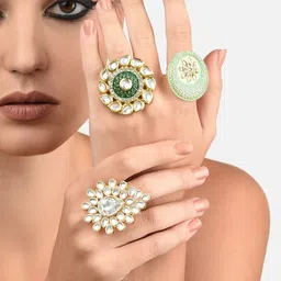 Zaveri Pearls Set of 3 Gold-Plated White & Green Stone Studded Adjustable Finger Rings-75