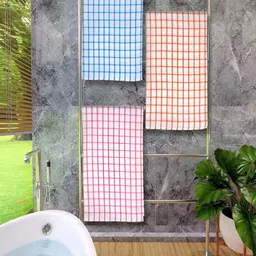 Athom Living Blue & Orange 3 Pieces Checked Cotton 150 GSM Bath Towels-1