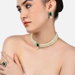 Zaveri Pearls Gold-Plated Green & White Stone-Studded & Pearl Beaded Multi-Stranded Jewellery Set-20
