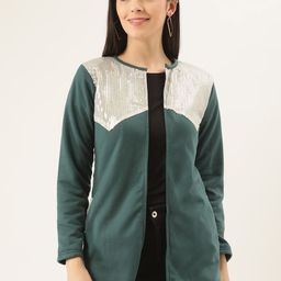 Belle Fille Women Green & Silver Colourblocked Longline Open Front Jacket-image-48