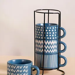 Nestasia Blue & White 5 Pieces Printed Ceramic Eclectic Stackable Cups With Stand-20