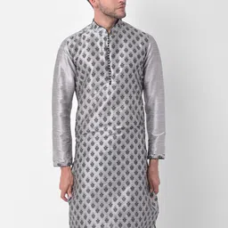 DEYANN Men Silver-Coloured & Black Ethnic Motifs Printed Dupion Silk Kurta with Churidar-picture-53