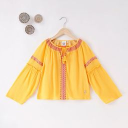 Ed-a-Mamma Girls Yellow Embroidered Tie-Up Neck Pure Cotton Top-17