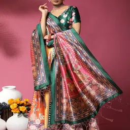 Kaizen TEXO FAB Pink & Green Printed Kalamkari Semi-Stitched Lehenga & Blouse With Dupatta-picture-58