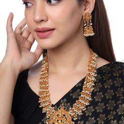 Yellow Chimes Gold Plated Temple Beads Drop Designed Bridal Choker Necklace Set-picture-5