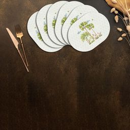 SPACE OF JOY Tropical Tree Tops 6 Pcs White & Green Anti-Slip Wooden Oval Table Placemats-58