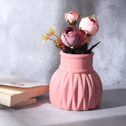 Decor de Maison Pink Metal Textured WaveCera Flower Vase-image-74