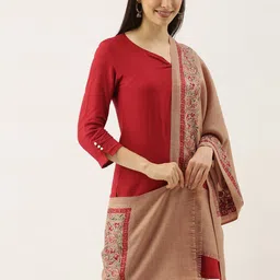 Pashmoda Women Beige & Red Embroidered Pure Wool Shawl-16