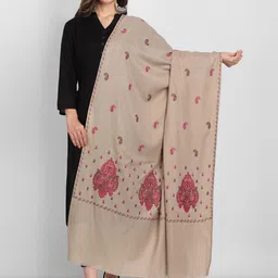 Zamour Women Beige Embroidered Pure Wool Shawl-image-29