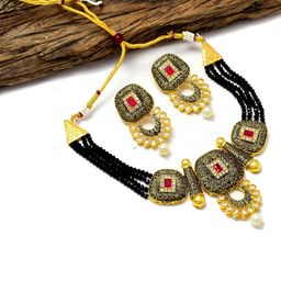 Jewar Mandi Gold-Plated White & Black Stone-Studded & Pearl Beaded Jewellery Set-image-90
