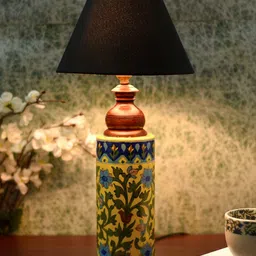 Unravel India Yellow & Black Printed Handcrafted Mughal Art Bedside Lamp-14