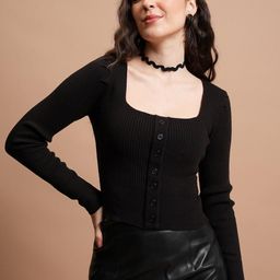 Tokyo Talkies Black Ribbed Crop Acrylic Front-Open Sweaters-17