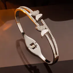 Designs & You Silver-Plated American Diamond Studded Stainless Steel Bangle-Style Bracelet-9