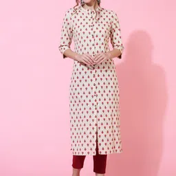 KIMAYRA Floral Printed Mandarin Collar Cotton A-Line Kurta-picture-13