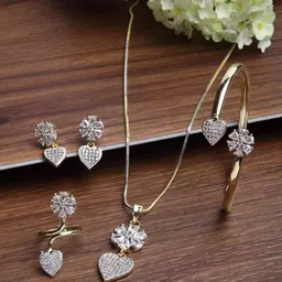 ZENEME Gold-Plated Flower Shaped Heart Drop American Diamond-Studded Jewellery Set-32