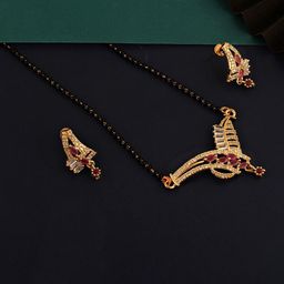 LUCKY JEWELLERY Magenta & Black AD-Studded & Beaded 18K Gold-Plated Mangalsutra Set-27